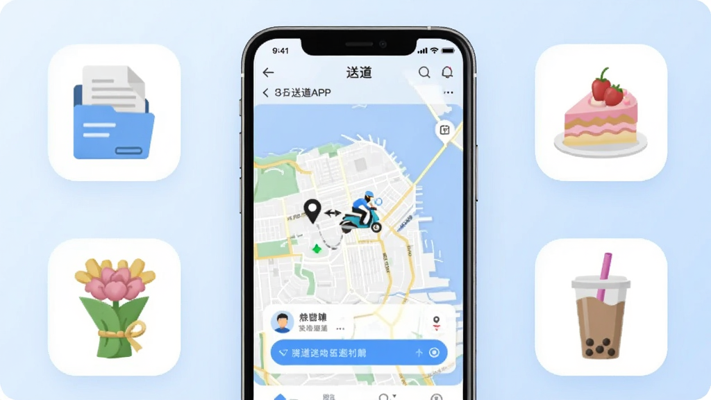 一张展示送道APP核心界面的手机样机图,画面中央是一部竖屏智能手机,屏幕内显示送道APP首页地图与骑手接单动画,手机周围环绕着文件、鲜花、蛋糕、奶茶等物品图标,背景为浅蓝色渐变,风格简洁现代,细节清晰,画质高清,干净无多余元素