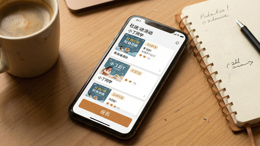 一张展示手机界面中社团活动卡片的场景图,主体为一部手机,屏幕中显示活动列表和报名按钮,布局为手机倾斜放置、旁边有咖啡杯和笔记本,排版为生活化桌面视角,风格为温暖色调的数码生活摄影感,细节包括活动海报缩略图、日期标签、