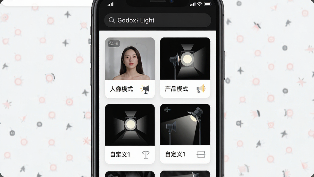 ����Ϊ�ֻ�������ʾGodox LightԤ���б�������Ϊ����Ƭʽ���У��Ű�Ϊ�����������·�Ԥ������ͼ���񣬷��Ϊ�ִ���ƽ����ƣ�ϸ�ڰ���������ģʽ������Ʒģʽ�����Զ���1���ȱ�ǩ��ÿ�ſ�Ƭ����С�͵ƹ�ͼ�꣬����Ϊ���壬�ɾ����޶���Ԫ��