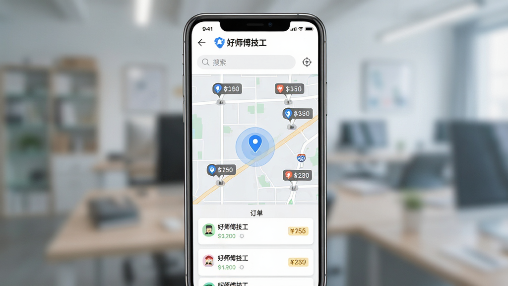 好师傅技工APP地图接单界面,画面展示手机屏幕中显示地图页面,地图上有多个订单标记点,每个标记点旁边有价格标签,底部有订单列表卡片,顶部有“好师傅技工”标识和搜索栏,地图风格为浅色简洁,有蓝色定位光圈,整体布局清晰,画质干净,无多余元素