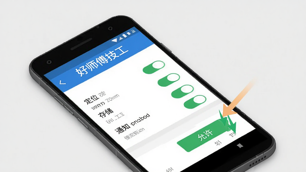 好师傅技工APP在手机上的安装与权限设置示意图,画面展示一部安卓手机屏幕,屏幕上显示权限管理页面,有定位、存储、通知等权限开关,旁边有箭头指向“允许”按钮,顶部有“好师傅技工”文字标识,背景为浅灰色,风格简洁明了,画质清晰,无多余元素