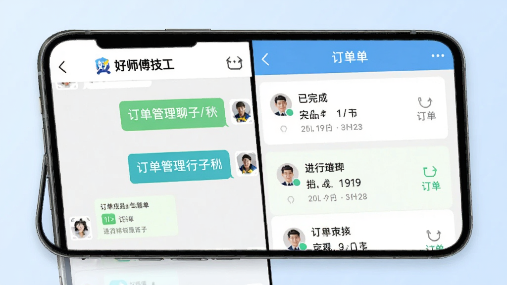 好师傅技工APP订单管理与聊天界面,画面展示手机屏幕中分屏显示聊天窗口和订单列表,聊天窗口中有对话气泡,订单列表显示已完成和进行中的订单,顶部有“好师傅技工”标识,背景为白色和浅蓝色,风格清新简洁,画质清晰,无杂乱元素