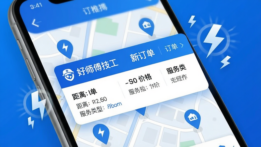 好师傅技工APP订单推送界面,画面展示一部手机屏幕特写,屏幕中弹出新订单通知横幅,横幅上写有“好师傅技工”和“新订单”字样,订单信息包含距离、价格、服务类型等,背景是地图界面,地图上有多个定位图标散落分布,周围环绕闪电符号表示消息秒推,整体色调以蓝色和白色为主,风格现代科技感,画质清晰,干净无杂乱