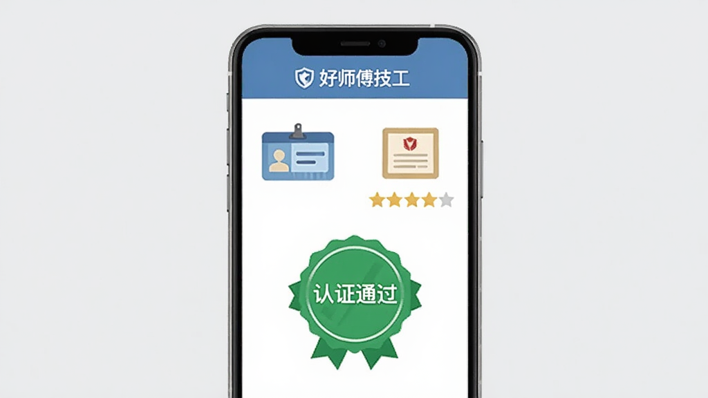 好师傅技工APP师傅认证页面,画面展示手机屏幕中显示认证中心界面,页面上有身份证图标、技能证书图标、星级评分图标排列整齐,顶部有“好师傅技工”文字标识,中间有“认证通过”绿色徽章,背景为浅灰色,风格简约商务,扁平化设计,画质清晰,无多余装饰元素