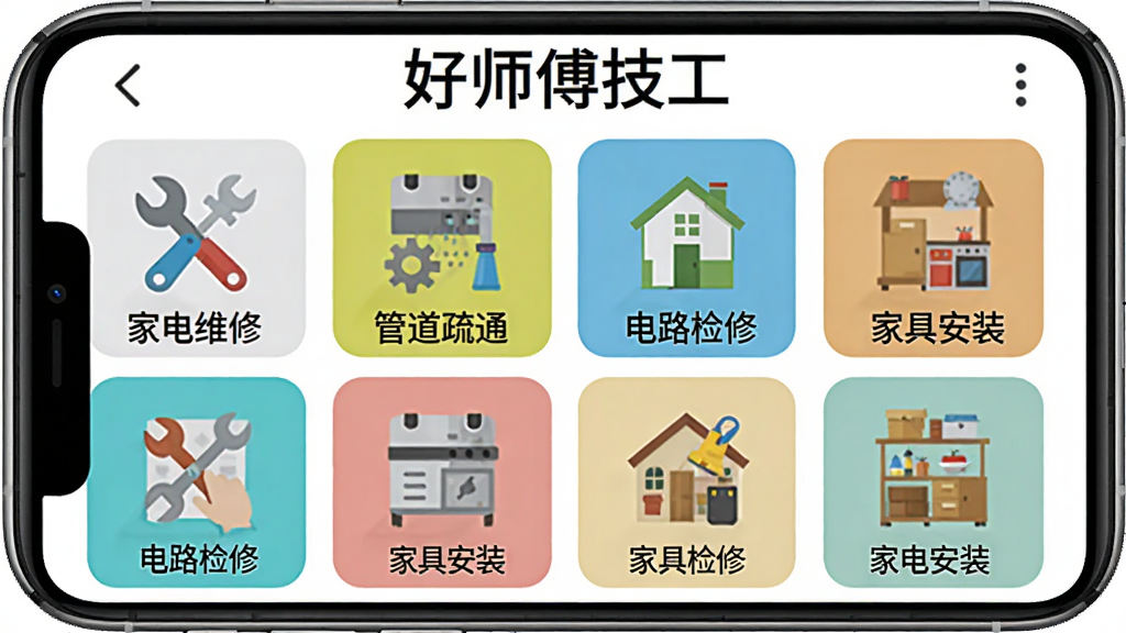 好师傅技工APP服务品类展示界面,画面展示手机屏幕中显示服务分类网格,每个网格有图标和文字标签,包括家电维修、管道疏通、电路检修、家具安装等,顶部有“好师傅技工”文字,背景为白色,图标为彩色扁平化风格,整体布局整齐,画质清晰,无多余元素