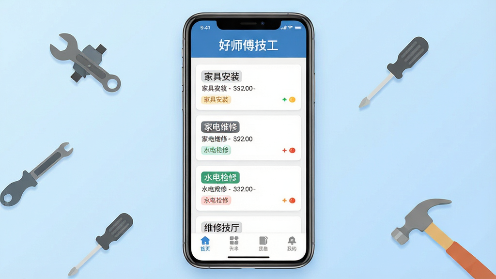 好师傅技工APP首页界面展示,画面中央放置一部智能手机,手机屏幕上显示好师傅技工APP的接单大厅页面,页面顶部有“好师傅技工”文字标识,中间列表展示多个维修订单卡片,包含家具安装、家电维修、水电检修等分类标签,底部有导航栏按钮,背景为浅蓝色渐变,整体风格简洁干净,扁平化UI设计,手机周围散布小型工具图标如扳手、螺丝刀、锤子作为装饰,画质清晰,构图居中,无多余杂乱元素