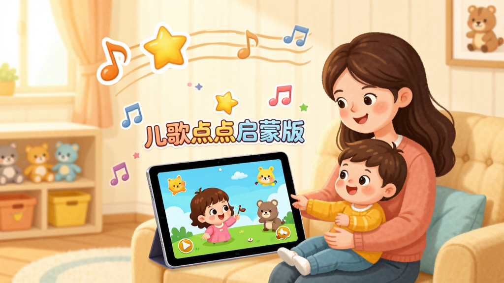 ����������һ����ܰ�Ķ�ͯ��������һλ�������豧���׶�����ɳ���ϣ���ǰƽ�������Ļ����ʾ��ɫ�����޵Ŀ�ͨ������棬��Ļ�Ϸ���Բ����������д�š����������ɰ桱����ΧƯ����������С���ǺͿ�ͨ����ͼ�������������ů�����Ĳ廭��񣬻���ɾ����࣬�޶���Ԫ�أ����廭��