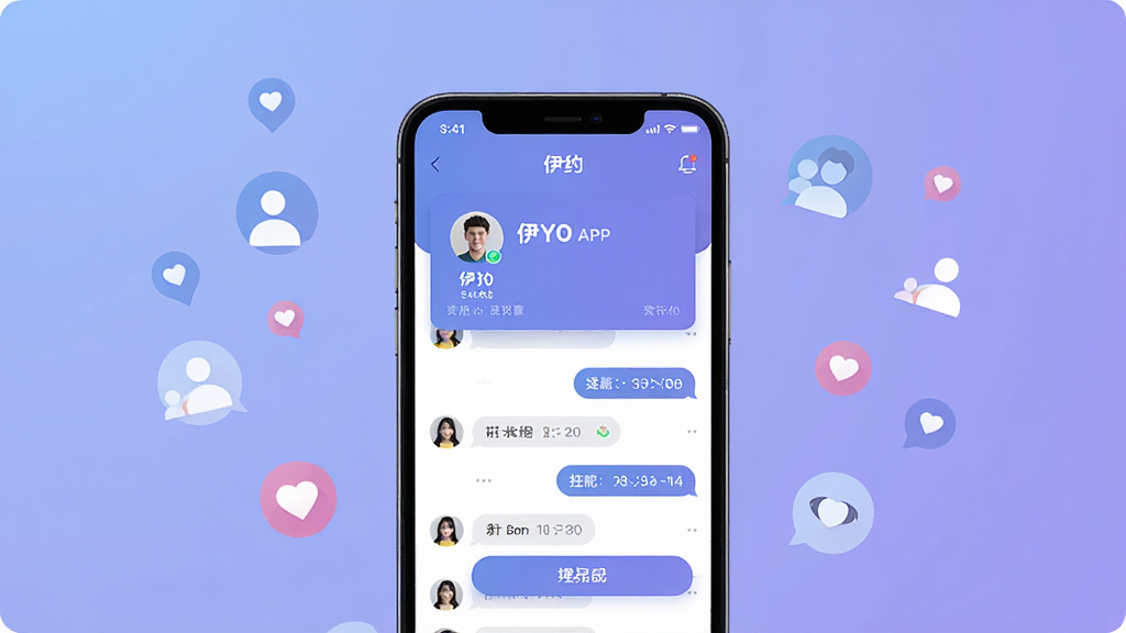 һ��չʾ��Լ�罻Ӧ�ý��������ͼ����������Ϊһ�������ֻ�����Ļ��ʾ��ԼAPP���û����Ͽ�Ƭ�������б�������Ϊ��͵�����ɫ���䣬����Ϊ�ֻ����С���Χ��׺�罻ͼ�꣬�Ű����ִ������Ϊ��ƽ���Ƽ��磬ϸ�ڰ���ͷ����Ϣ���ݺ�ƥ�䰴ť�����ʸ��塢�ɾ����޶���Ԫ��
