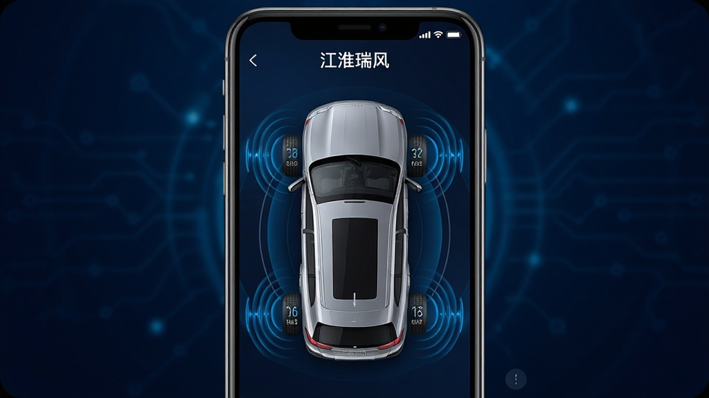 �������App����״̬��ؽ��棬��������Ϊ�ֻ���Ļ��д����Ļ������չʾһ��SUV�ĸ���ͼ��������Χ����ɫ�����ݲ����������ĸ���̥��̥ѹ��ֵ������Ϊ�ֻ����У�����Ϊ��ɫ����Ƽ��������Ϊδ���Ƽ��У�ϸ�ڰ�����������硱��������Ļ���������ʸ��壬�ɾ����