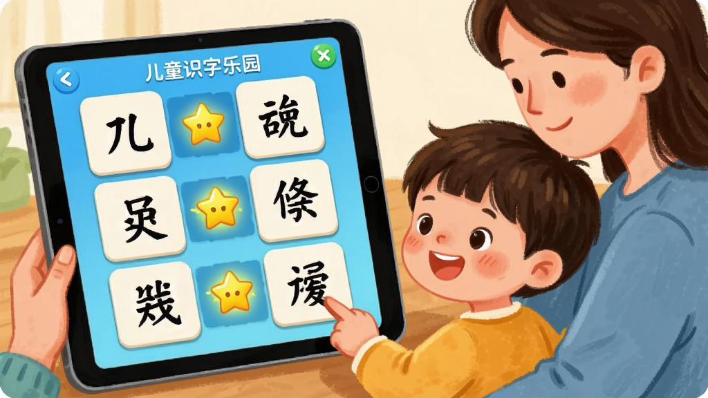 ��ͯʶ����԰�����ӻ�����Ϸ���棬����չʾ�ҳ��ͺ���һ����ƽ�����溺�������Ϸ������Ϊ�������к��ֿ�Ƭ�ȴ���ԣ����Ϊ��ܰ��ͥ�����廭���ϸ�ڰ�������Ц���ͼҳ����Ļ����Լ���Գɹ���������Ч�����������ɾ����޶���Ԫ��