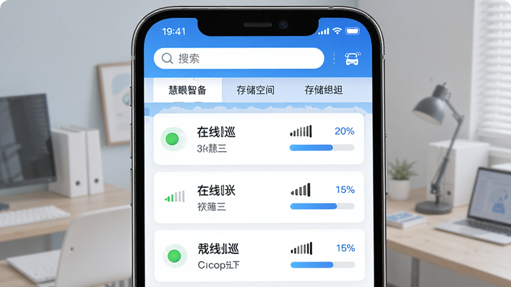 ����չʾ��������Ѳ�������豸�������棬�ֻ���Ļ����ʾ�豸�б���ÿ���豸�Ա�������״ָ̬ʾ�ơ��ź�ǿ��ͼ��ʹ洢�ռ�����������涥����������ͷ����ǩ�������������£���ɫ������Ϊ��������������ϸ�ڵ�λ�����ʸ��壬�ɾ��޶���Ԫ�ء�