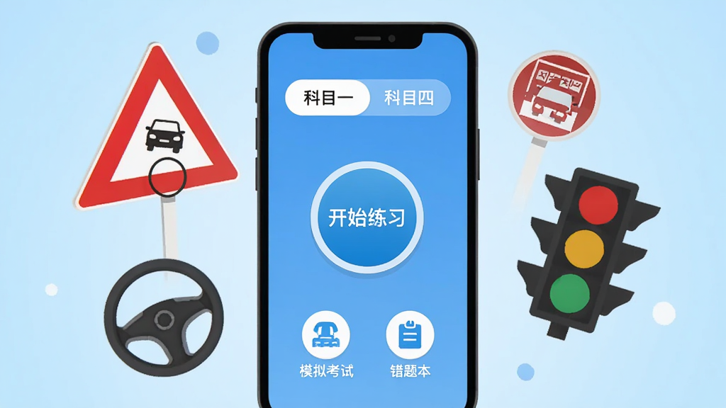 ����������һ�������ֻ�����Ļ����ʾ�ݿ�����APP����ҳ���棬�Ϸ��п�Ŀһ�Ϳ�Ŀ�ĵ�ѡ����м��ǿ�ʼ��ϰ��Բ�ΰ�ť���ײ���ģ�⿼�Ժʹ��Ȿͼ�꣬�ֻ���ΧƯ���Ž�ͨ��־�������̡����̵Ƶ�Ԫ�أ�������ǳ��ɫ���䣬�����������죬��ƽ����ƣ����廭�ʣ��ɾ��޶���Ԫ��