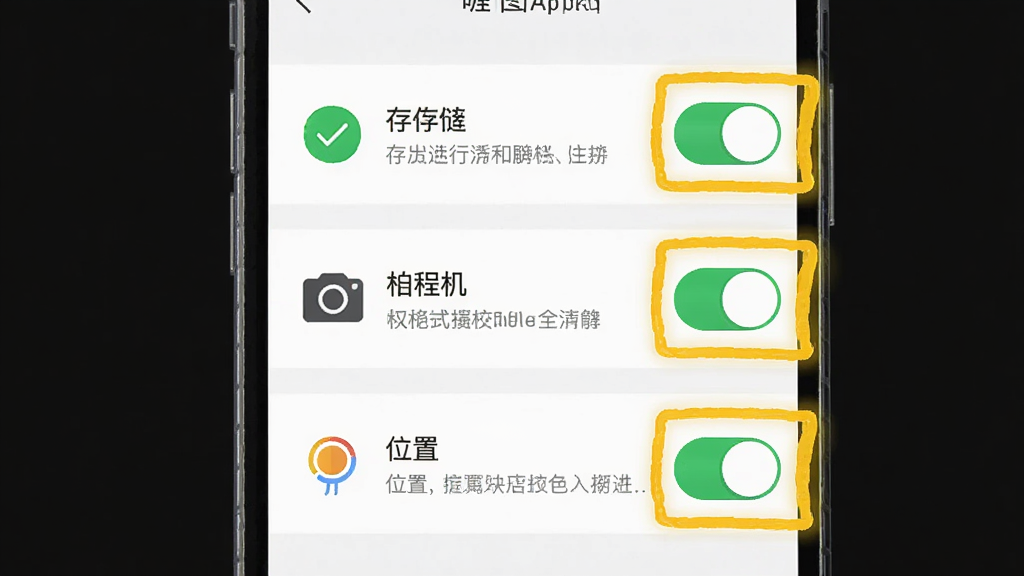 ����Ϊ�ֻ���Ļ��ʾ�ͼAppȨ������ҳ�棬�������д洢�������λ������Ȩ�޿��ر�������ע������Ϊ�����б��Ű棬���Ϊ��ƽ��UIʾ��ͼ��ϸ�ڰ���ÿ��Ȩ�����жԹ�ͼ���˵�����֣����ʸ��塢�ɾ����޶���Ԫ��
