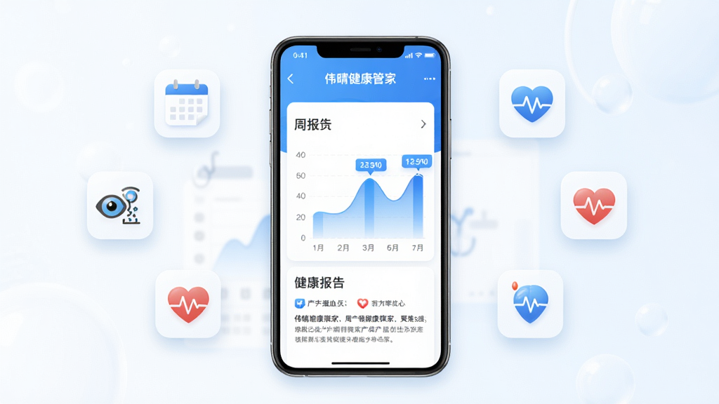 伟晴健康管家健康报告页面展示图,画面中心为手机屏幕显示周报告图表与文字解读,四周漂浮着日历、血氧、心率等小图标,布局采用居中对称排版,风格为清新医疗蓝白配色,细节上图表带有渐变填充与数据标签,画质清晰干净,无杂乱元素