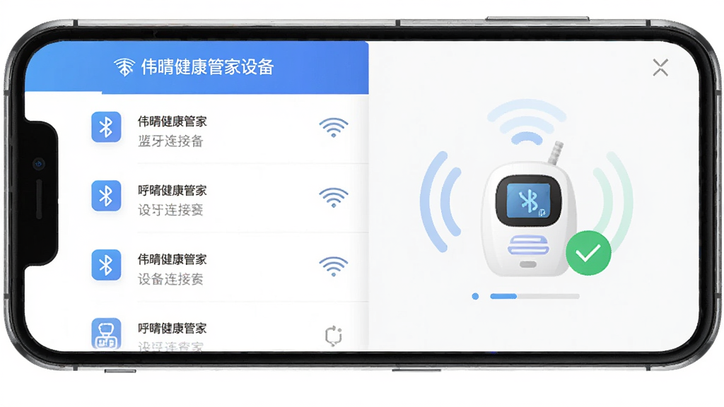 伟晴健康管家设备连接界面示意图,主体为手机屏幕显示蓝牙搜索列表与呼吸机图标,布局采用左右分栏,左侧为设备列表右侧为连接状态动画,排版简洁清晰,风格为现代科技扁平风,细节包括蓝牙信号波纹与对勾图标,画质干净无多余元素
