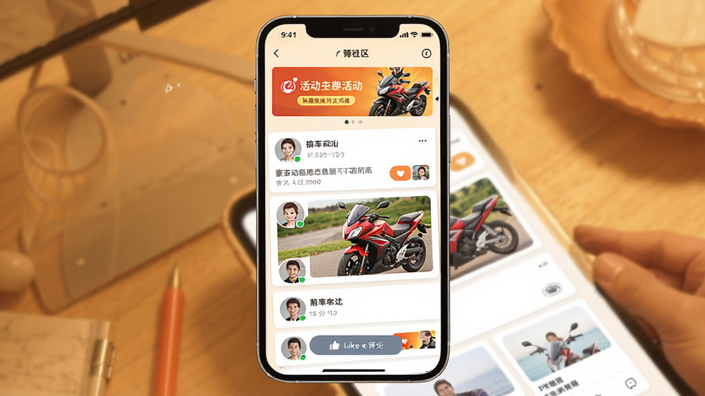 �ҵĺ��������������棬�ֻ���Ļ��ʾ������̬��Ϣ����������۰�ť���Ϸ��л�������Ѷ��Ƭ������Ϊůɫ���罻��񣬲��ֲ��ÿ�Ƭʽ������ƣ�ϸ�����û�ͷ����Ħ�г�ͼƬ�������������ɾ����޶���Ԫ��