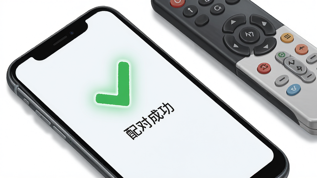 一部手机屏幕显示万能遥控器的配对成功界面,界面上有一个绿色的对勾图标和“配对成功”文字,手机旁边散落着电视和空调的实体遥控器,布局为俯视对角线构图,风格为清新明亮的写实插画风,细节上对勾带有微光效果,画质清晰干净,无多余元素