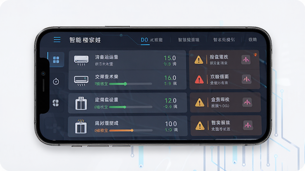 �ǻ�¥��V3.0�豸��ع��ܽ��棬�ֻ���Ļ��ʾ��̨¥���豸������״̬�б���澯��ʾ���������пյ�������ͼ�꣬����Ϊǳɫ�Ƽ���������壬�������룬����Լ�ִ���ϸ�����������ʸ��壬�ɾ��޶���Ԫ��