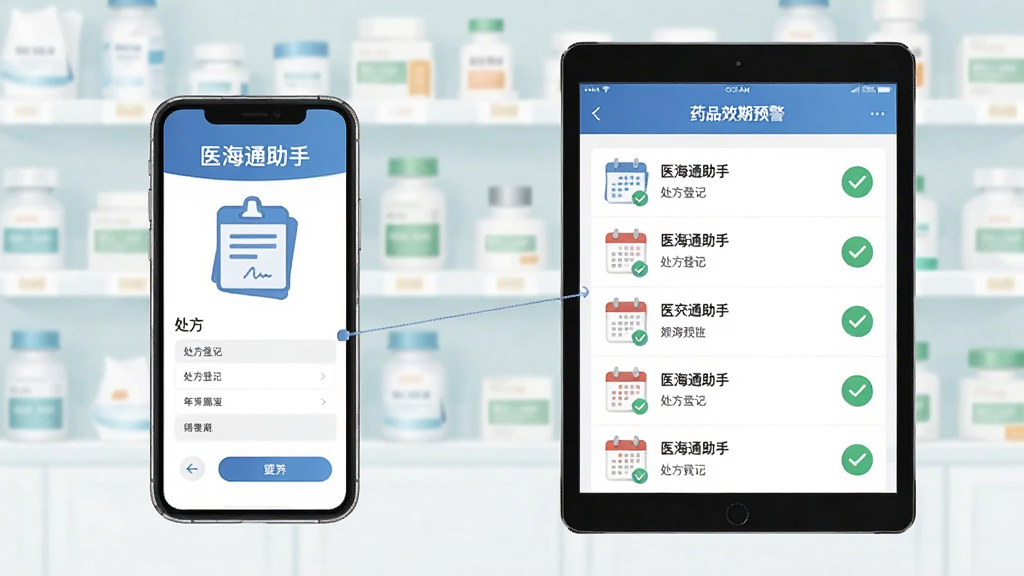 ��������Ϊһ���ֻ���һ̨ƽ�岢�Űڷţ��ֻ���Ļ��ʾ��ҽ��ͨ���֡��Ĵ����Ǽ�ҳ�棬ƽ����Ļ��ʾҩƷЧ��Ԥ���б�������֮����ϸ�����ӱ�ʾ����ͬ��������Ϊ���Ҳ���ʽ��ͼ������Ϊǳɫҩ�������黯���������Ϊ�ִ�����廭��ϸ�ڰ���������ͼ�ꡢ�����������ɫ�Թ������������ɾ����޶���Ԫ��