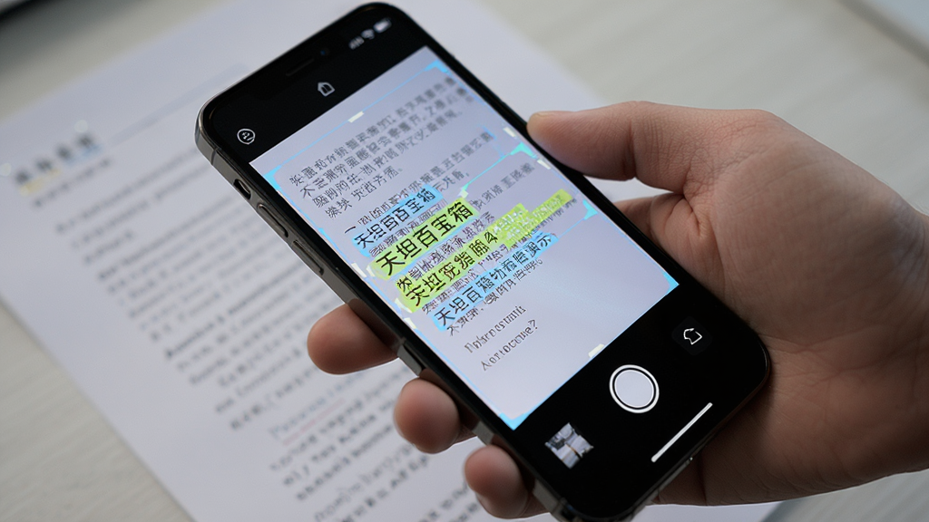 一张天坦百宝箱文字识别功能演示图,主体为一只手拿手机拍摄纸质文档,屏幕显示识别框与提取出的文字内容,布局为对角线构图,风格写实科技感,细节包含扫描光线与文字高亮效果,画质清晰锐利,无杂乱背景