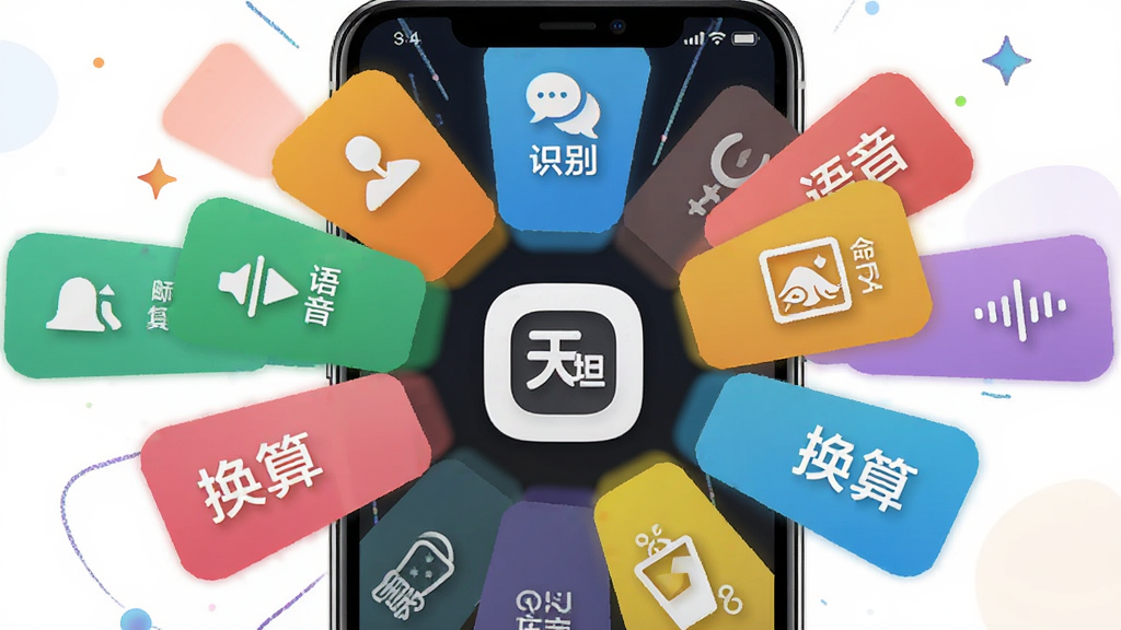 一张天坦百宝箱功能集成示意图,主体为手机屏幕内多个彩色功能卡片围绕中心图标排列,布局呈放射状,风格活泼现代,细节包含识别、语音、图像、换算等文字标签,画质明亮干净,无多余装饰