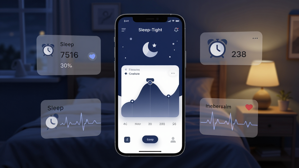 ��������һ�������ֻ�������ʾSleep-TightӦ�������棬�����������ɫ˯������ͼ������ͼ�꣬�ֻ���Χ���ư�͸����˯�����ݿ�Ƭ������ͼ�������ʲ��Σ�����Ϊ��ҹ���ҳ�������ͷ�Ʒ���ů��ɫ΢�⣬���岼�־��жԳƣ����Ϊ�ִ���ƽ��UIչʾ�磬ϸ�ڰ�����͵Ľ��������ϸ�����Ӱ��Σ����ʸ��壬����ɾ����޶���Ԫ��
