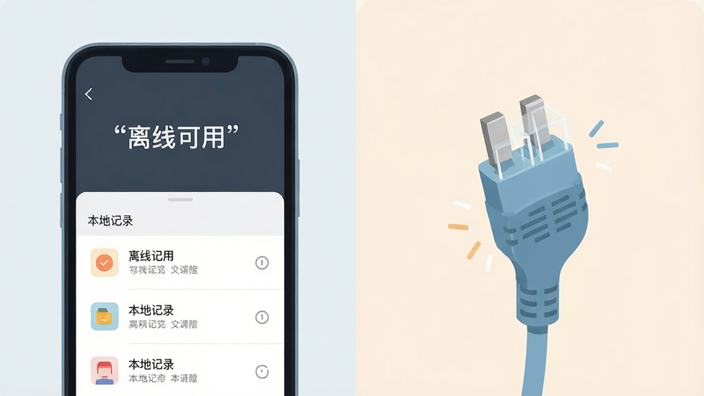 画面主体是一部手机屏幕显示“离线可用”状态提示与本地记录列表,手机旁放置一个断开的网线插头作为视觉隐喻;布局为左右分栏,手机在左、插头在右;排版对比鲜明;风格为扁平化插画风;细节上图标简洁、配色柔和;画质高清、干净、无多余元素