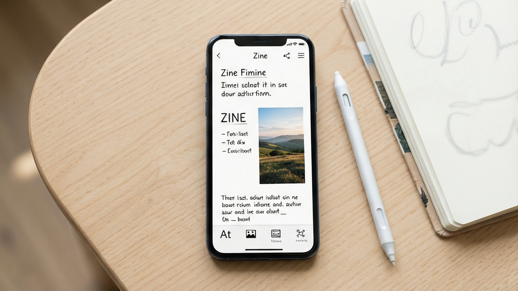 һ��չʾ�ֻ���Ļ��Zine����ͼ�ıʼǱ༭����ĳ���ͼ������������һ�����������ֻ�����Ļ����ʾͼ�Ļ��ŵıʼǱ༭ҳ�棬���Ϊ���ֶ��������㼶���Ҳ�Ƕ��һ�ŷ羰��Ƭ���ײ��������������塢ͼƬ��ģ���ͼ�ꡣ���ֲ��þ��й�ͼ���ֻ�����ǳɫľ�����棬�Ա߷���һ֧���رʺ�һ��������ֽ�ʱʼǱ������Ϊ���¼�Լ�Ĳ�Ʒչʾ�磬������ͣ�ϸ�����������ʸɾ����޶���Ԫ�ء�