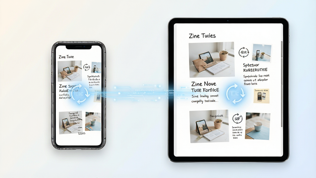 һ�ű���Zine����ͼ�ıʼ��ƶ�ͬ�������ͼƬ����������Ϊһ���ֻ���һ̨ƽ����Բ��Űڷţ�������Ļ����ʾ��ͬ��ͼ�ıʼ����ݣ��м���һ������ɫ�������������ӣ�����ͬ�����̡�����Ϊ���ҶԳƹ�ͼ������Ϊǳɫ���䡣���Ϊ��Լ�Ƽ��磬ϸ�ڰ����豸�߿�Ľ����ʸ���ͬ��ͼ���΢��Ч�������ʸɾ����޶���Ԫ�ء�