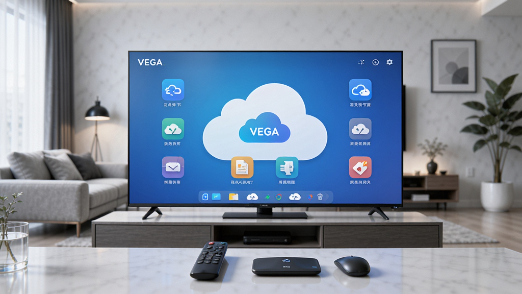 һ̨���ܵ��ӷ����ڿ������룬��Ļ����ʾVEGA�Ƶ���TV���ƶ�������棬����ͼ���������У�������������������ǰ���ڷ�ң���������߼��󣬱���Ϊ��Լ�ִ��Ҿӻ�������������ˬ�Ƽ��У�ϸ�ڷḻ�����ʸ��壬�ɾ��޶���Ԫ��