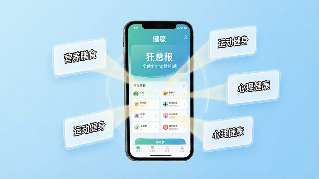 一张表现个性化推荐概念的创意图片,画面中央为健康报手机界面,屏幕周围有多个悬浮的内容卡片分别标注“营养膳食”“运动健身”“心理健康”等标签,卡片以柔和光线连接至手机屏幕,背景为浅蓝色渐变,风格科技清新,细节精致,画质清晰,无杂乱元素