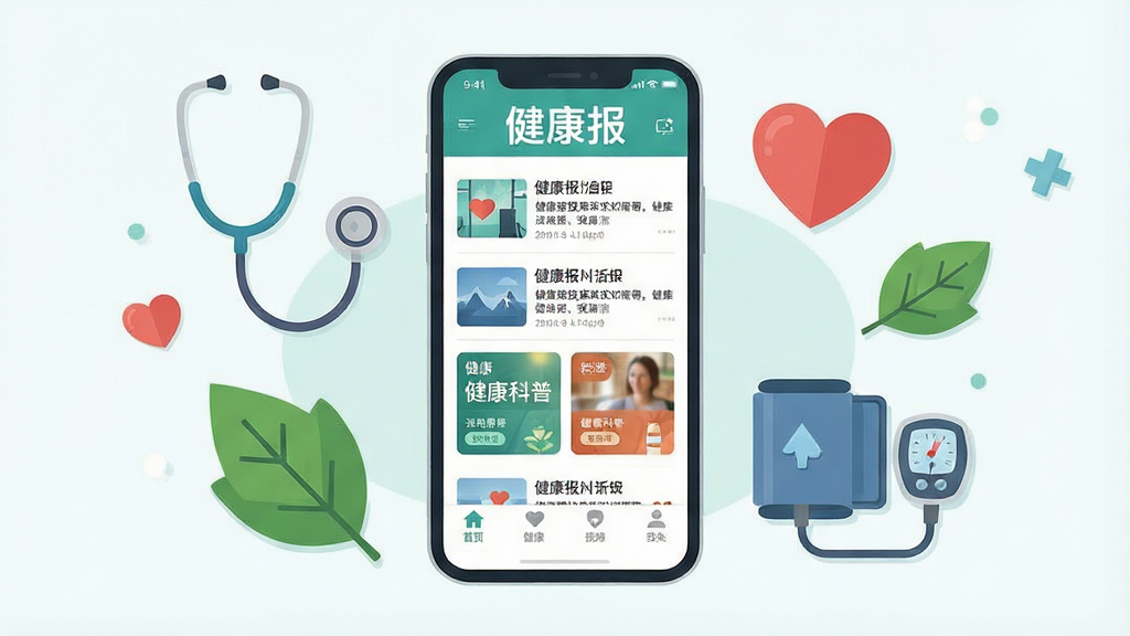 一张展示健康报手机应用界面的扁平化插画,画面中央是一部竖屏智能手机,屏幕上显示健康报APP首页,顶部有“健康报”字样,页面包含新闻列表、健康科普卡片和底部导航栏,手机周围环绕着听诊器、爱心、绿叶、血压计等健康元素,布局居中对称,风格清新简洁,细节丰富,画质清晰,干净无多余元素