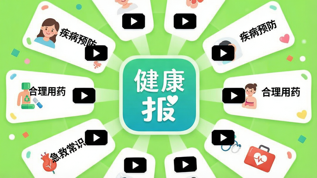 一张健康科普知识库的视觉图,画面中心为健康报APP图标,四周放射状分布着图文卡片与视频播放按钮图标,卡片上可见“疾病预防”“合理用药”“急救常识”等字样,背景为明亮的浅绿色,风格活泼亲民,画质清晰,布局规整