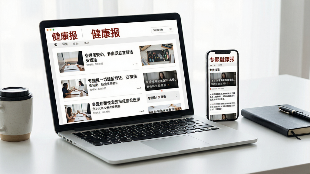 一幅展示健康报资讯聚合功能的场景图,画面主体为打开的笔记本电脑与手机并排显示健康报页面,屏幕中呈现新闻标题列表与专题报道版块,背景为简洁的办公桌面,配有咖啡杯与笔记本,风格商务简约,画质高清,文字清晰,干净整洁