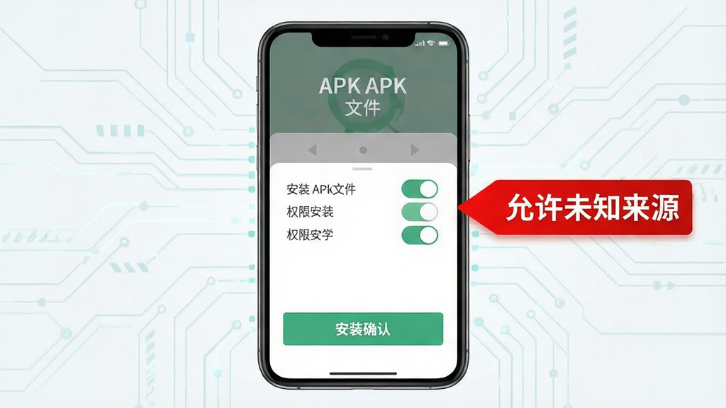 ����չʾ�ֻ���װAPK�ļ�������ʾ�⣬��Ļ�г���Ȩ�޿����밲װȷ�ϰ�ť���Ա��Ժ�ɫ��ʾ��ǩ��ע������δ֪��Դ��������Ϊǳɫ�Ƽ������������Ϊ����ָ���廭������������ϸ�ڸɾ������ʸ���