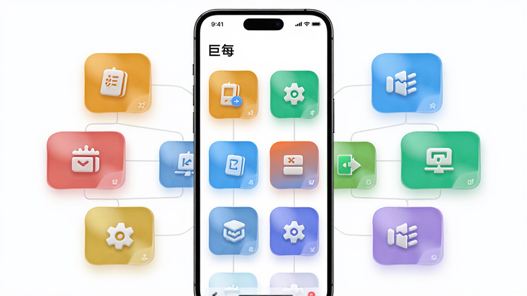 ����չʾ����ÿ��Ӧ�õĹ���ģ�黯���棬�����ɫ���ܿ�Ƭ������״�������ֻ���Ļ�У���Ƭ֮����ϸ�������γ������Ĳ㼶��ϵ���������ֻ����С���Ƭ������չ�����Ϊ�ִ�UI���չʾͼ��ϸ�ڰ�����ƬԲ�ǡ�ͼ��΢���塢���ͶӰ������Ҫ����塢ɫ�����졢�����ɾ�������