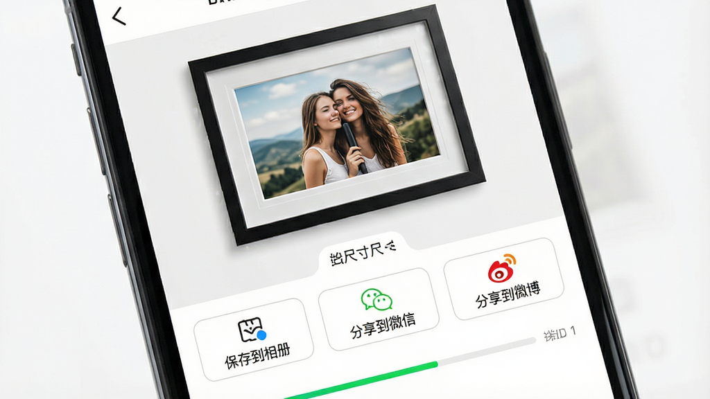 һ�����APP������������չʾͼ������Ϊ�ֻ���Ļ��д����Ļ����ʾһ�������װ�ѵ���Ƭ��ƷԤ�����·��С����浽��ᡱ��������΢�š���������΢�����Ȱ�ť���У������������죬�������Ϸ�Ԥ��ͼ�·�������ťΪ����ϸ�ڰ�����ťͼ�ꡢ�����ߴ�ѡ���ǩ��������ʾ�������ʸ��壬����ɾ����޶���Ԫ��