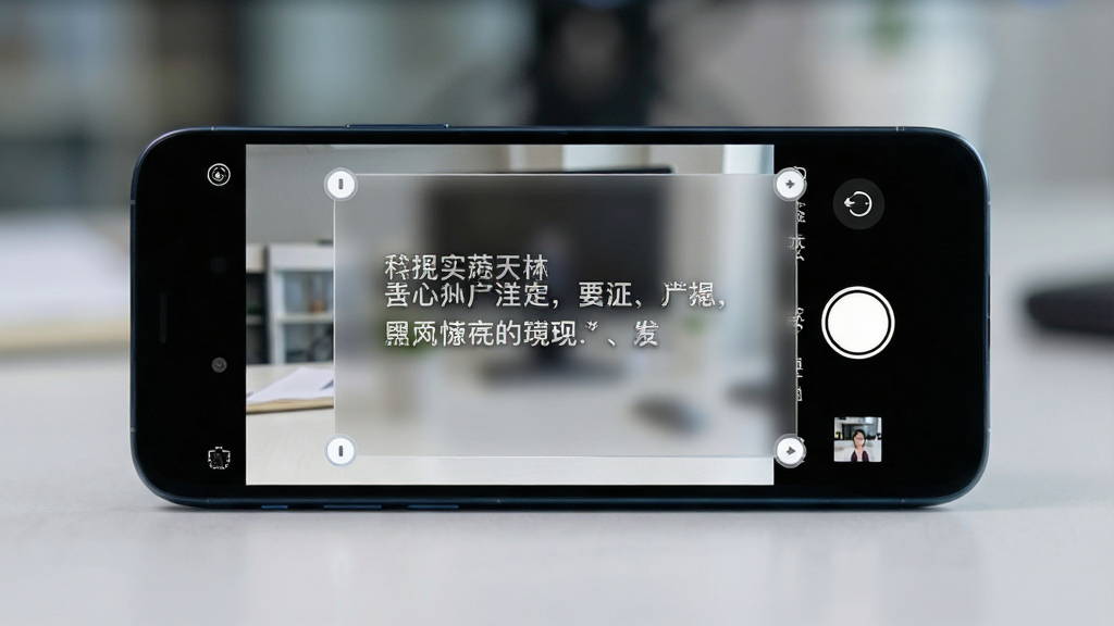 一部手机横放在桌面上,手机屏幕中同时显示相机取景画面和一个半透明的悬浮提词窗口,悬浮窗内有中文台词文字,窗口边缘带有可拖拽的控制点,整体布局为手机特写居中,风格为科技感产品示意风,细节包括悬浮窗半透明质感、文字清晰、背景虚化,画质清晰,画面干净,无多余元素