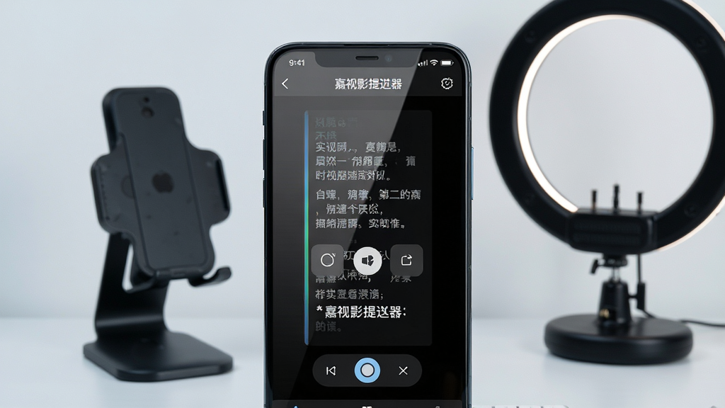 画面中央是一部竖屏智能手机,手机屏幕上显示嘉视影提词器应用界面,界面中有滚动的中文台词文字和悬浮控制按钮,手机背后是简洁的浅色桌面背景,旁边放置一个手机支架和一盏环形补光灯,整体布局干净规整,风格为清爽的数码产品展示风,细节包括屏幕玻璃反光、按钮图标清晰、文字排版整齐,画质高清,画面干净,无多余元素