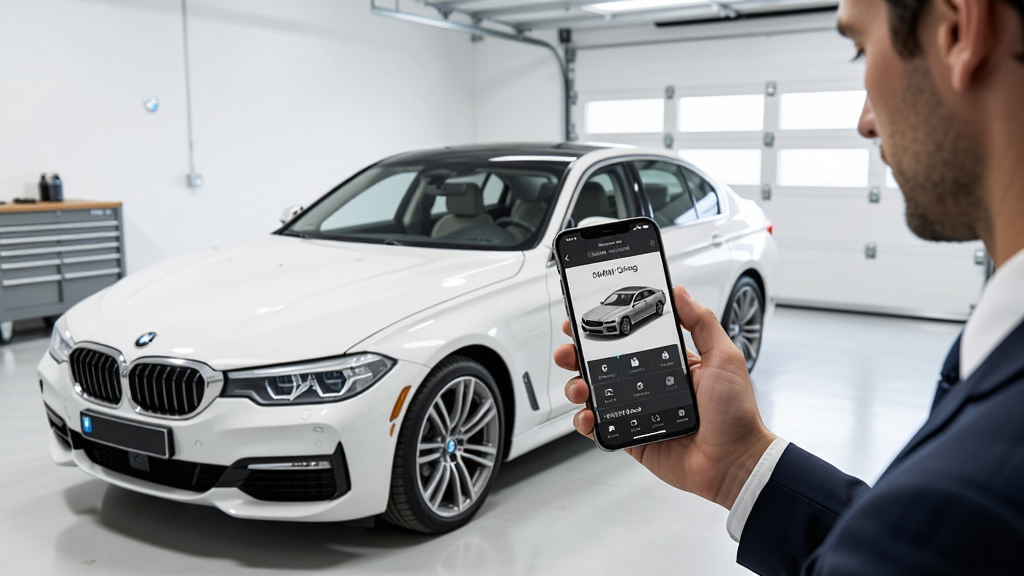 һ����ɫ�����γ�ͣ���������ִ������У������ֳ������ֻ��鿴BMW��ʻָ��Ӧ�ý��棬��Ļ��ʾ������άʾ��ͼ�빦�ܲ˵������沼�������ˣ����дʵ����ϸ��ͻ���ֻ���Ļ�����복�������������������ɾ����޶���Ԫ��