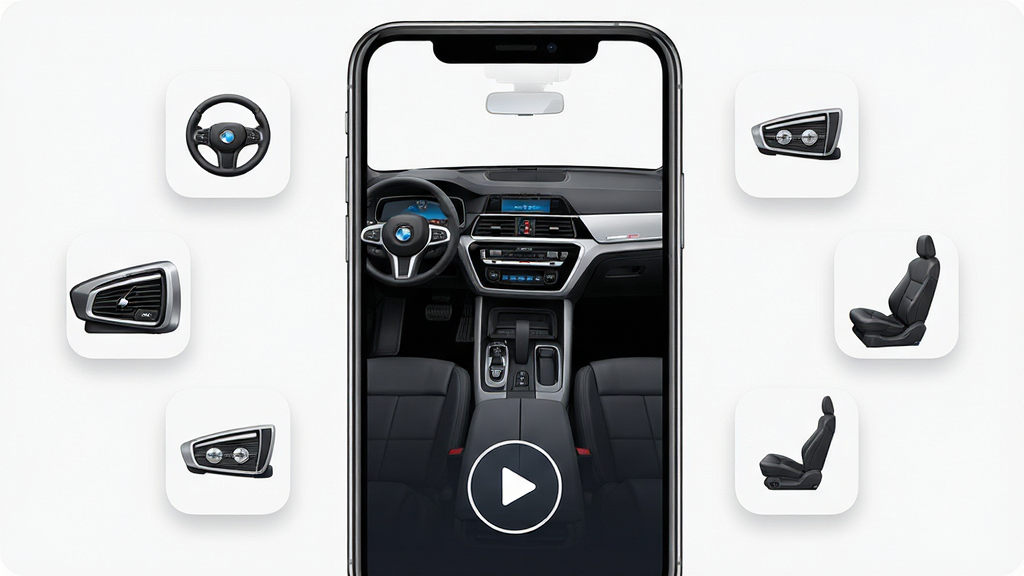 BMW��ʻָ��Ӧ�ý���չʾ����������Ϊ�ֻ���Ļ����Ļ����ʾ���������п�̨ʾ��ͼ�벥�Ű�ť����ΧƯ���������ͼ���緽���̡����ơ����Σ����־��жԳƣ����Ƽ���Լ��ϸ�����������ʸɾ����޶���Ԫ��