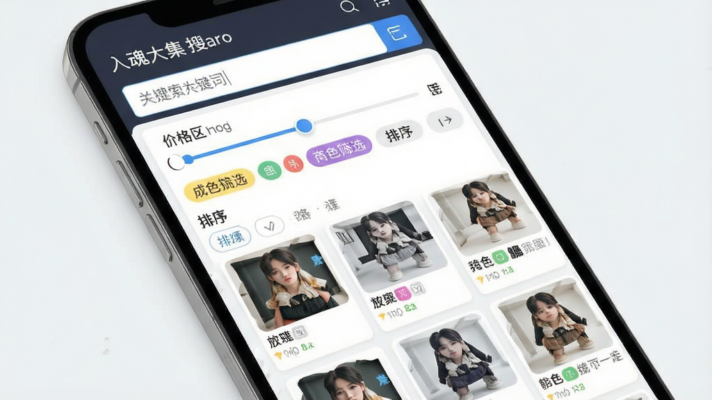 һ���ֻ�APP��Ʒ����ɸѡ����չʾͼ����������Ϊ�����󼯡�����ҳ�棬����Ϊ�ؼ���������·�Ϊ�۸����们�顢��ɫɸѡ��ǩ������ѡ�ť���в�չʾɸѡ�����Ʒ�б���Ƭ������Ϊ�������������в�ɸѡ���ӵײ�����б������Ϊ��Լ�����ƽ����ƣ�ϸ�ڰ�������ؼ�����ɫɸѡ��ǩ����Ʒ����ͼ�����������ɾ����޶���Ԫ��