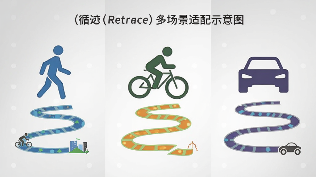 ѭ����Retrace���ೡ������ʾ��ͼ�������Ϊ������������ֱ�չʾ���С����С��ݳ�����ͼ�����Ӧ�켣��̬������Ϊǳ�ҽ��䣬���Ϊ��Ϣͼ����ƣ�ϸ�ڰ�����ͬ��ɫ�켣���볡��Сͼ�꣬���������ɾ��޶���Ԫ��