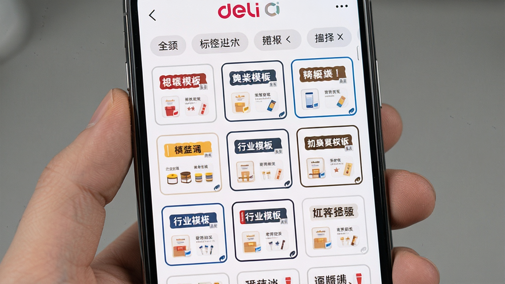 ��������Ϊ������ǩӦ��ģ��ѡ�������д������Ϊ�ֻ���Ļ����չʾ���ж��еı�ǩģ������ͼ���񣬷��Ϊ���±�ƽ��UIչʾ�磬ϸ�ڰ���ģ������ǩ��������ҵģ��Ԥ��Сͼ��ѡ�и����߿򣬻��������ɾ��޶���Ԫ��