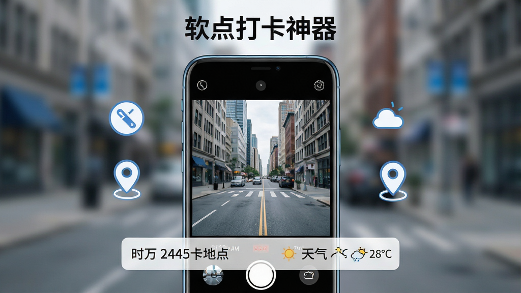画面主体是一部智能手机居中竖放,手机屏幕上显示水印相机拍照打卡神器的拍照界面,取景框内是城市街道实景,画面底部叠加显示白色半透明水印条,水印内容包含时间地点和天气信息。布局采用左右对称构图,手机两侧点缀简约的打卡图标和定位图钉元素。排版干净利落,上方留白放置软件名称文字。风格为现代扁平化科技风,配色以蓝白为主,细节上手机边框有轻微反光质感,界面按钮圆润清晰。画质高清,画面干净,无多余元素