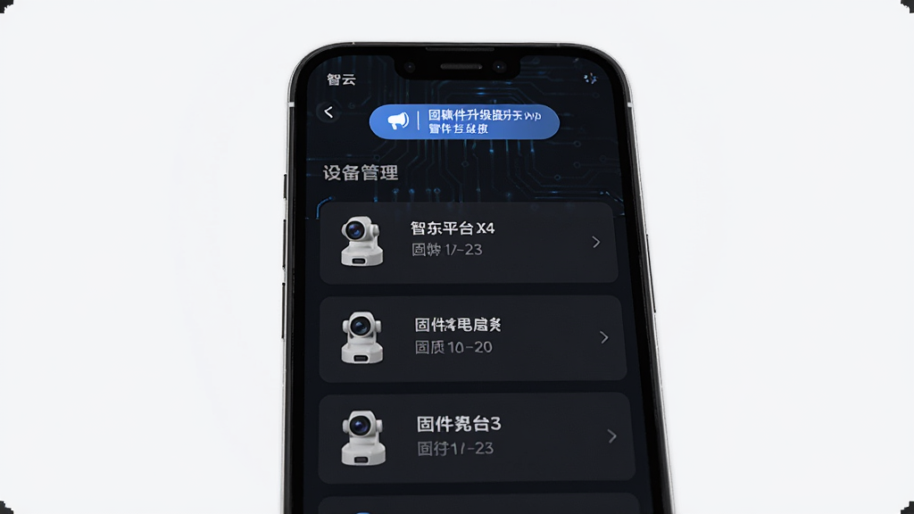 �ֻ���Ļ��ʾ����ƽ̨App���豸����ҳ�棬�б���չʾ��̨��̨�豸ͼ��͹̼��汾��Ϣ��ҳ�涥���й̼�������ʾ��ť������Ϊ��ɫ�Ƽ������棬���ֹ������������������������ɾ����޶���װ��