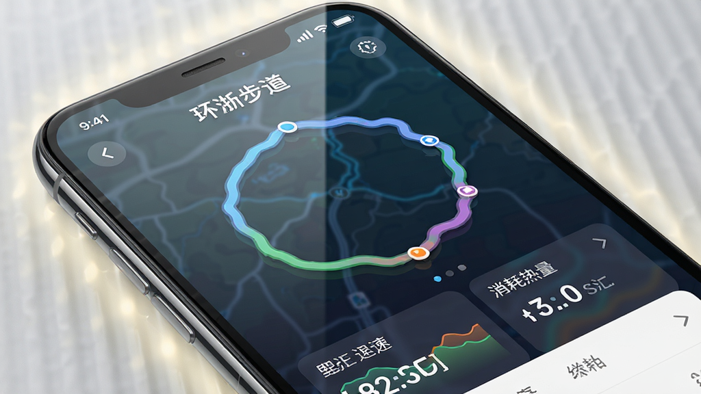 ����������һ���ֻ���Ļ��д����Ļ����ʾ�š����㲽����APP���ɵĻ����˶��켣ͼ����ϸ��������壬������������������ߺ�����������ֵ������Ϊ�ֻ���Ļ���зŴ���Χ�е����Ĺ��Ρ��Ű�ͻ������ͼ�������Ϊ�ִ�UI��ƸУ�ϸ�ڰ�����Ļ���������ͼ��ɫ�ʲ�Ρ������������ɾ��޶���Ԫ�ء�