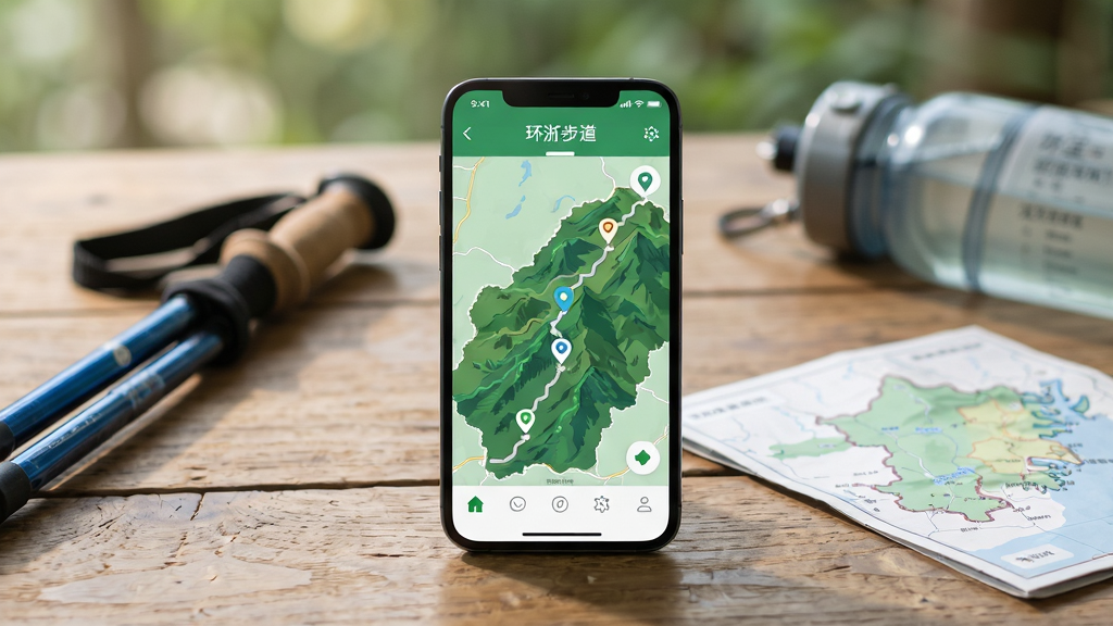 ��������Ϊһ�������ֻ�����Ļ��������ʾ�š����㲽����APP�Ľ����ͼ����ɫɽ�ֹ켣���ֻ�������һ��ľ�������ϣ��Ա�ɢ���ŵ�ɽ�ȡ��˶�ˮ����һ���㽭��ͼ�����ֲ������Ĺ�ͼ���ֻ�Ϊ�Ӿ����㡣�Ű����࣬�����黯���������Ϊ�ִ������˶�дʵ�磬����������Ȼ��ϸ�ڰ����ֻ���Ļ�ϵĲ�����������λͼ���Լ�����ľ���ʸС����ʸ��壬�ɾ��޶���Ԫ�أ�����ɫ��������Ȼ��
