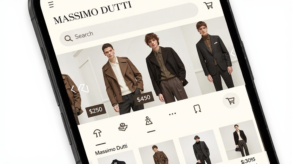�ֻ���Ļ��չʾMassimo DuttiƷ��APP��ҳ���棬ҳ�沼��Ϊ����Ʒ�Ʊ�־�����������в�Ϊ������Ůװģ�ش����ͼ�ֲ����·�Ϊ���ർ��ͼ������Ʒ�Ƽ��б�����������װ���������ɫ������Լ�߼���ϸ�ڰ�����Ʒ����ͼ���۸��ǩ�빺�ﳵͼ�꣬��������������ɾ����޶���Ԫ��