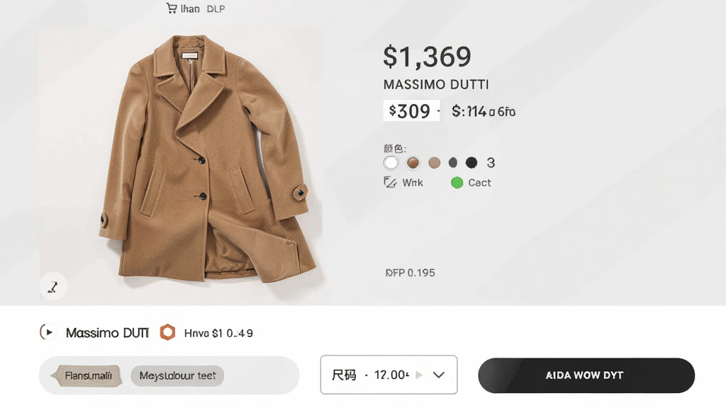 Massimo Dutti�ٷ�����APP��Ʒ����ҳ�棬��������Ϊһ����ɫ��ë���µ�չʾͼ���·��������ϳɷֱ�ǩ������ѡ��ť����빺�ﳵ��ť������Ϊǳ��ɫ�������רҵ��ϸ�ڰ����۸����֡���ɫѡ��Բ������״̬��ʾ�����ʸ��壬����ɾ����޶���Ԫ��